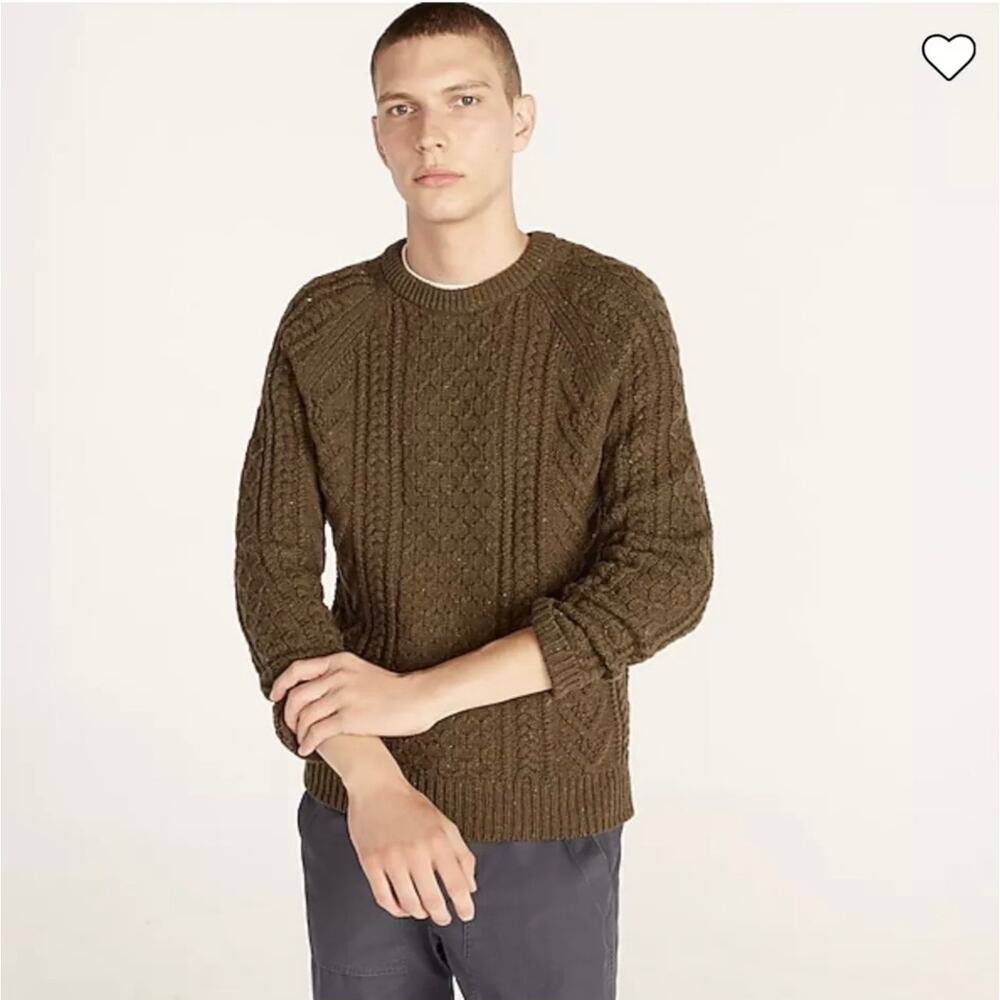 J Crew Sweater Donegal Green Rugged Merino Wool Cable Knit Fisherman Medium